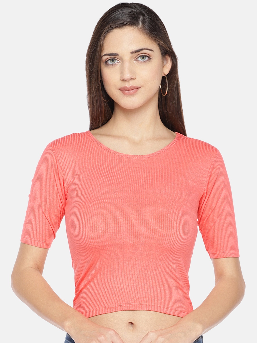 

Globus Women Peach-Coloured Solid Crop Top