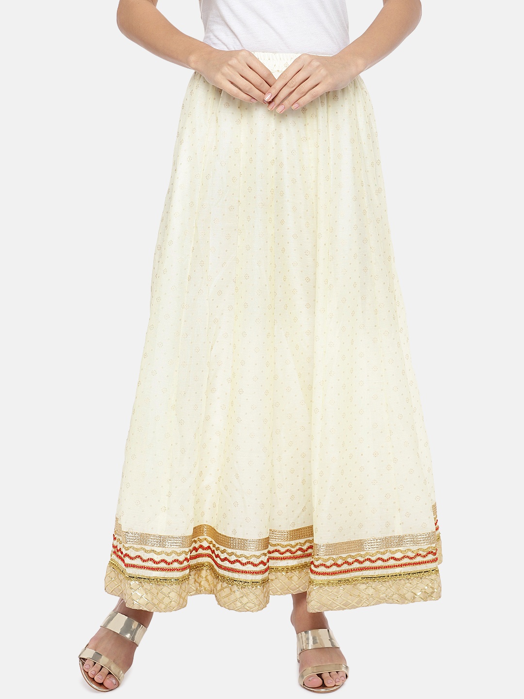

Globus Women Cream-Coloured Self-Design Flared Maxi Ethnic Skirt