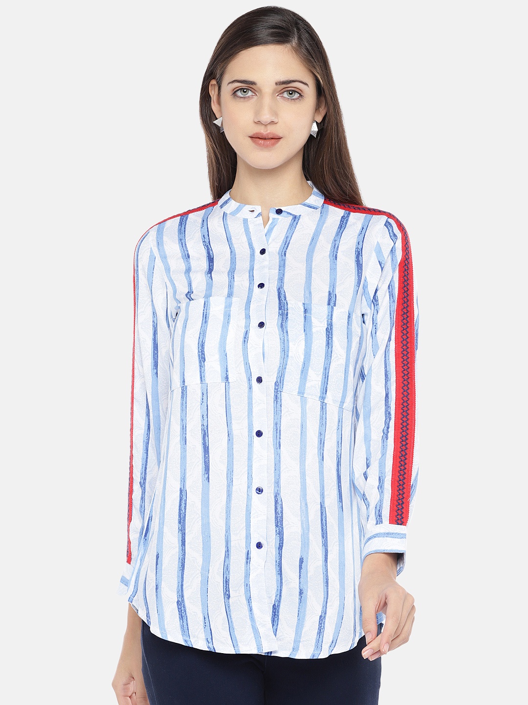

Globus Women Blue & White Regular Fit Striped Casual Shirt
