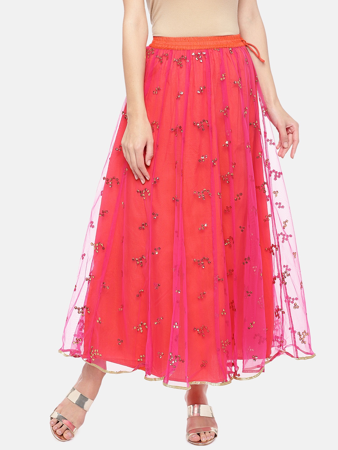 

Globus Women Coral Pink Embellished Flared Maxi Ethnic Skirt