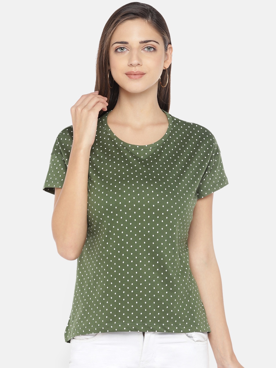 

Globus Women Olive Green & White Printed Round Neck T-shirt
