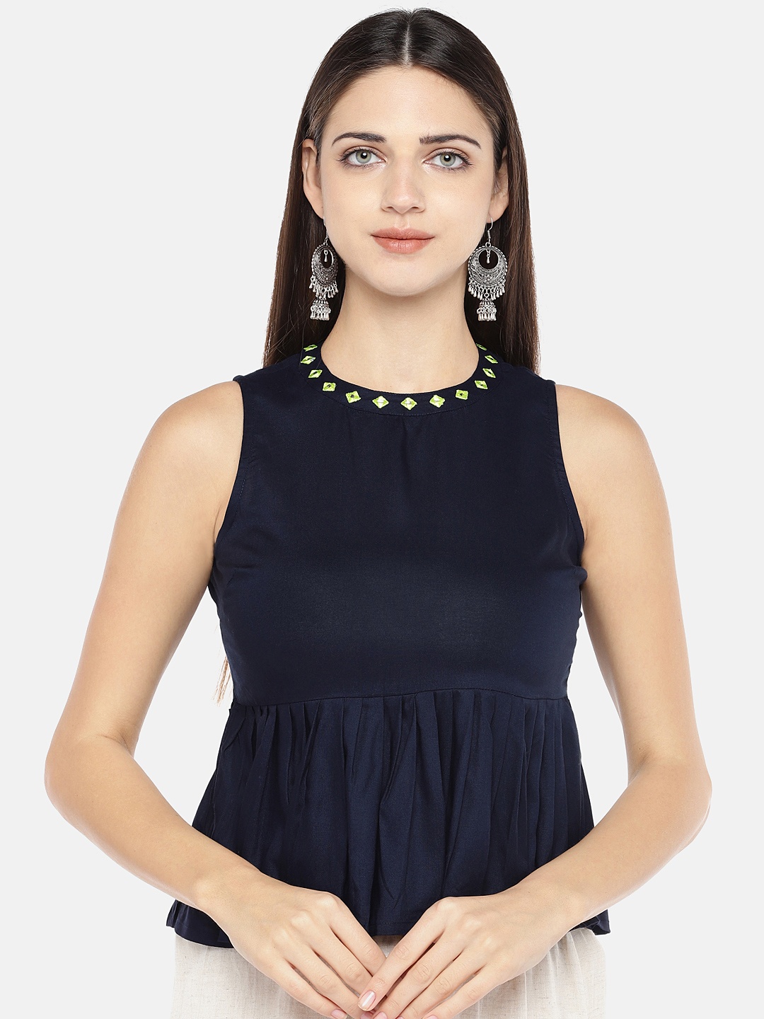 

Globus Women Navy Blue Solid Cinched Waist Top