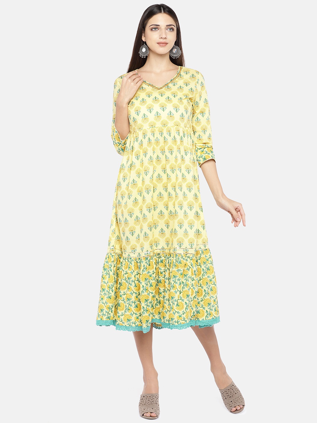 

Globus Women Yellow Printed Fit and Flare Dress