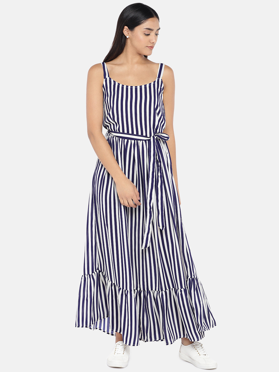 

Globus Women White & Navy Blue Striped Maxi Dress