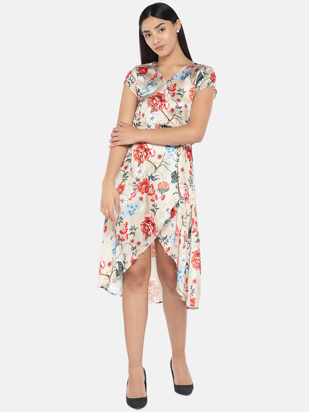 

Globus Women Beige Floral Printed Wrap Dress