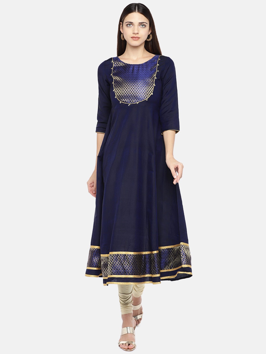 

Globus Women Navy Blue Woven Design A-Line Kurta