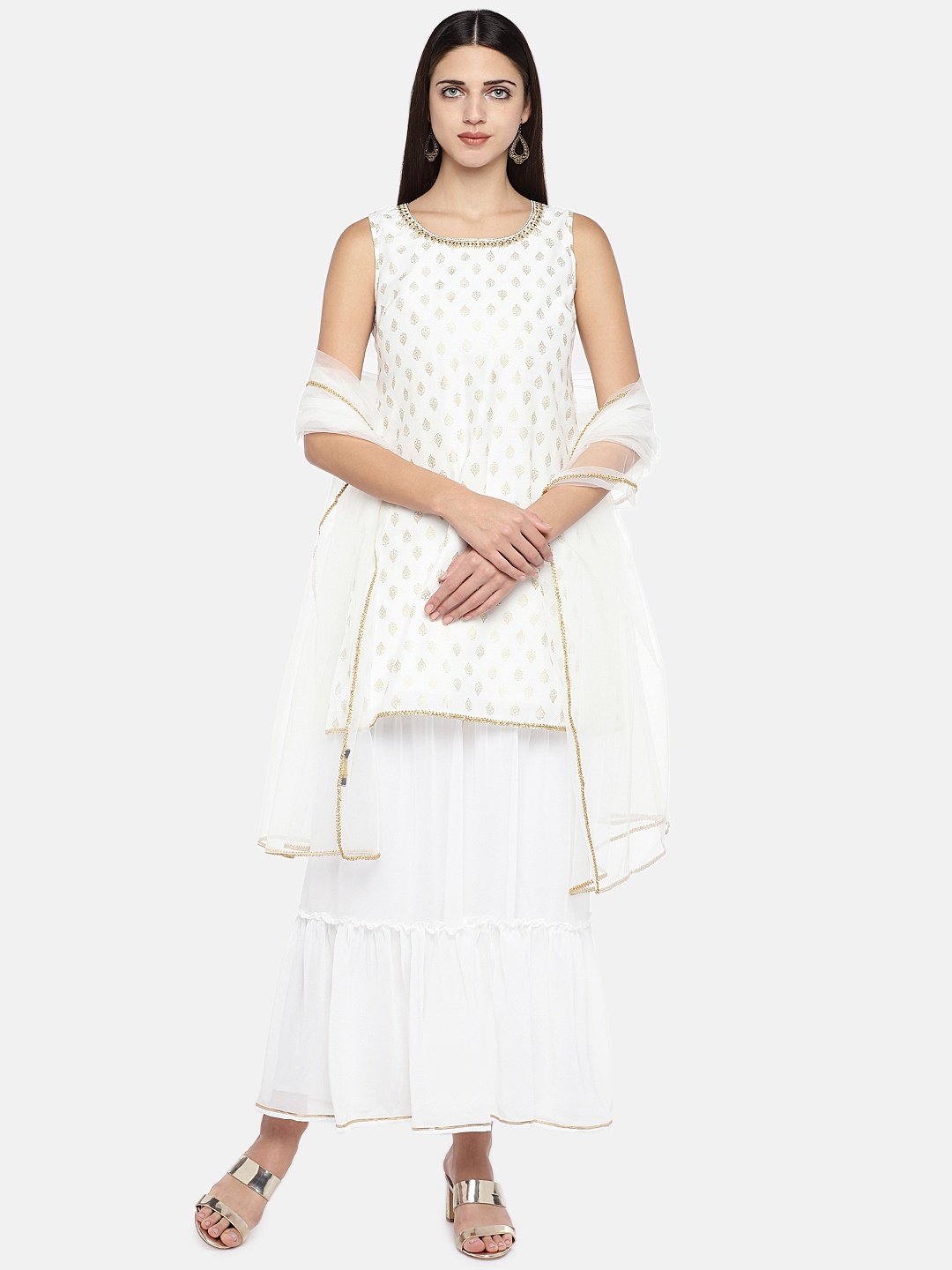 

Globus Women White & Gold-Toned Printed Straight Kurta