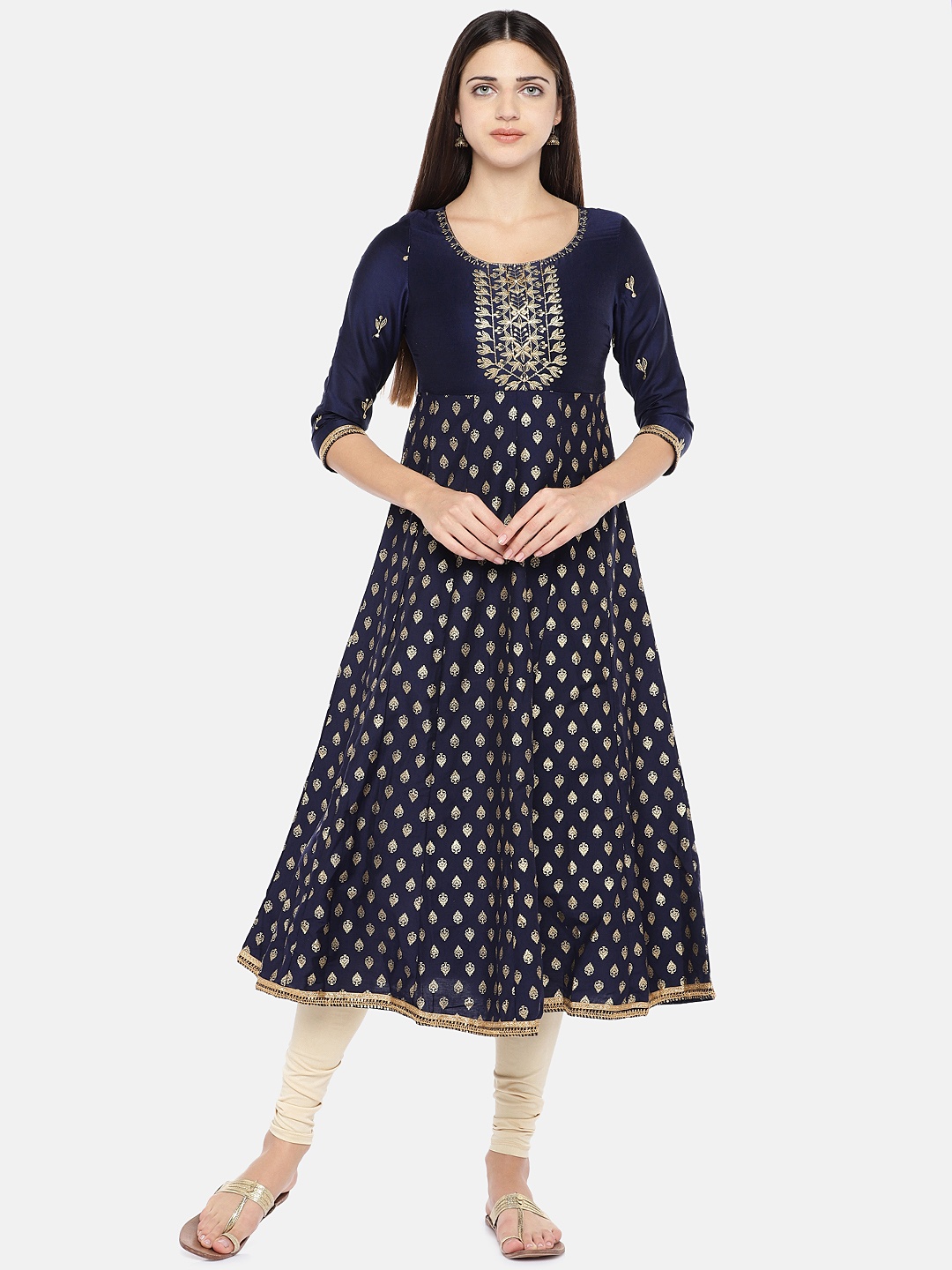 

Globus Women Navy Blue & Gold-Toned Embroidered Anarkali Kurta