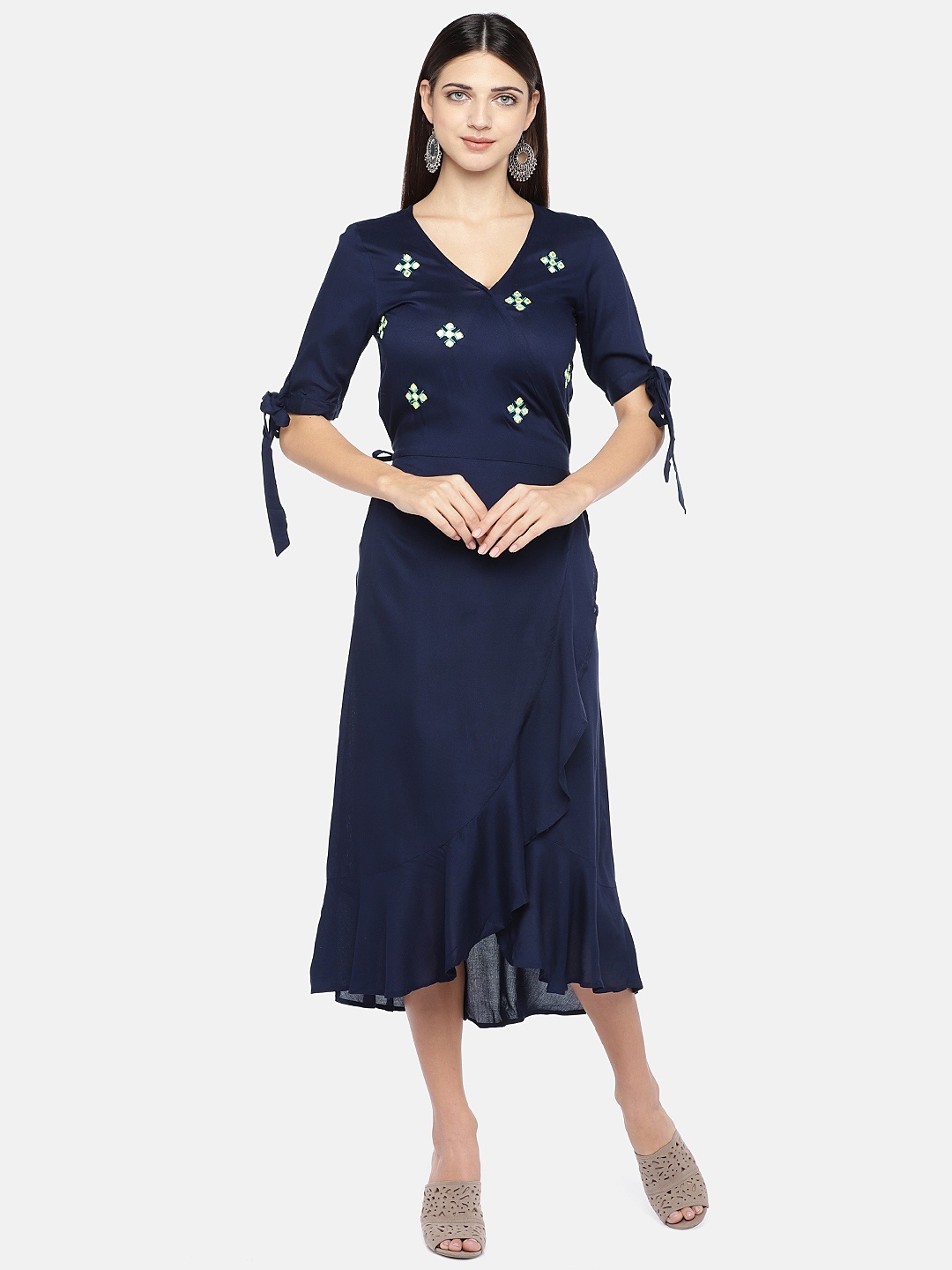 

Globus Women Navy Blue Self Design Wrap Dress