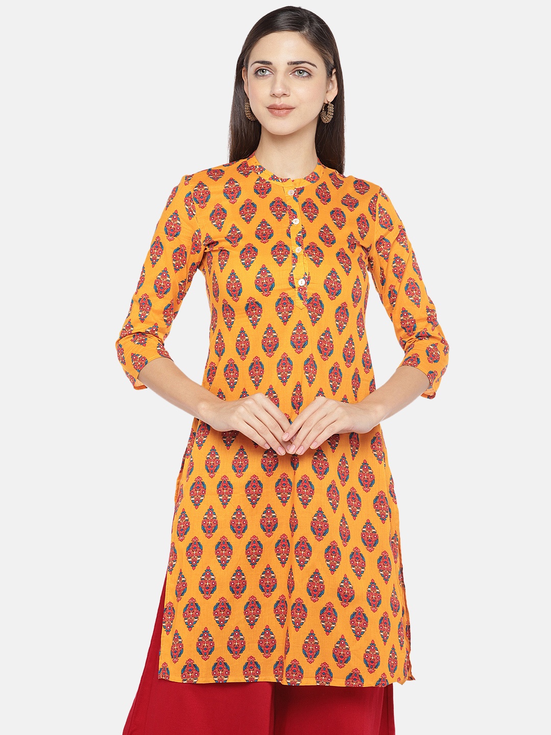 

Globus Women Mustard Orange & Red Printed A-Line Kurta