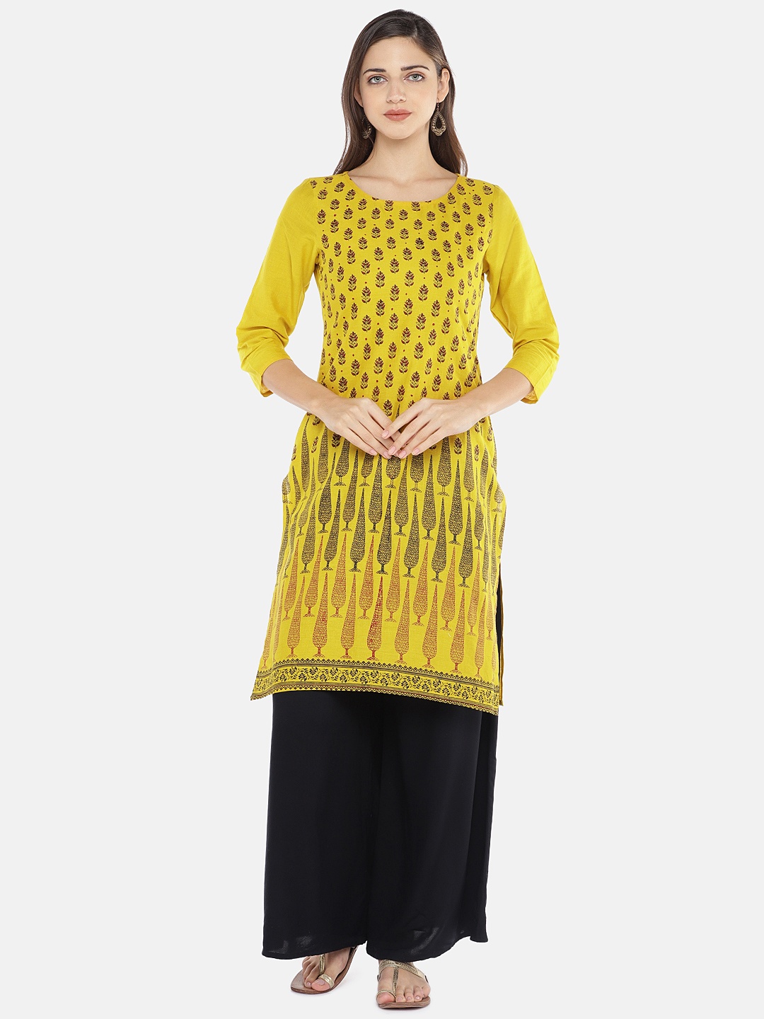 

Globus Women Yellow & Maroon Printed Straight Kurta