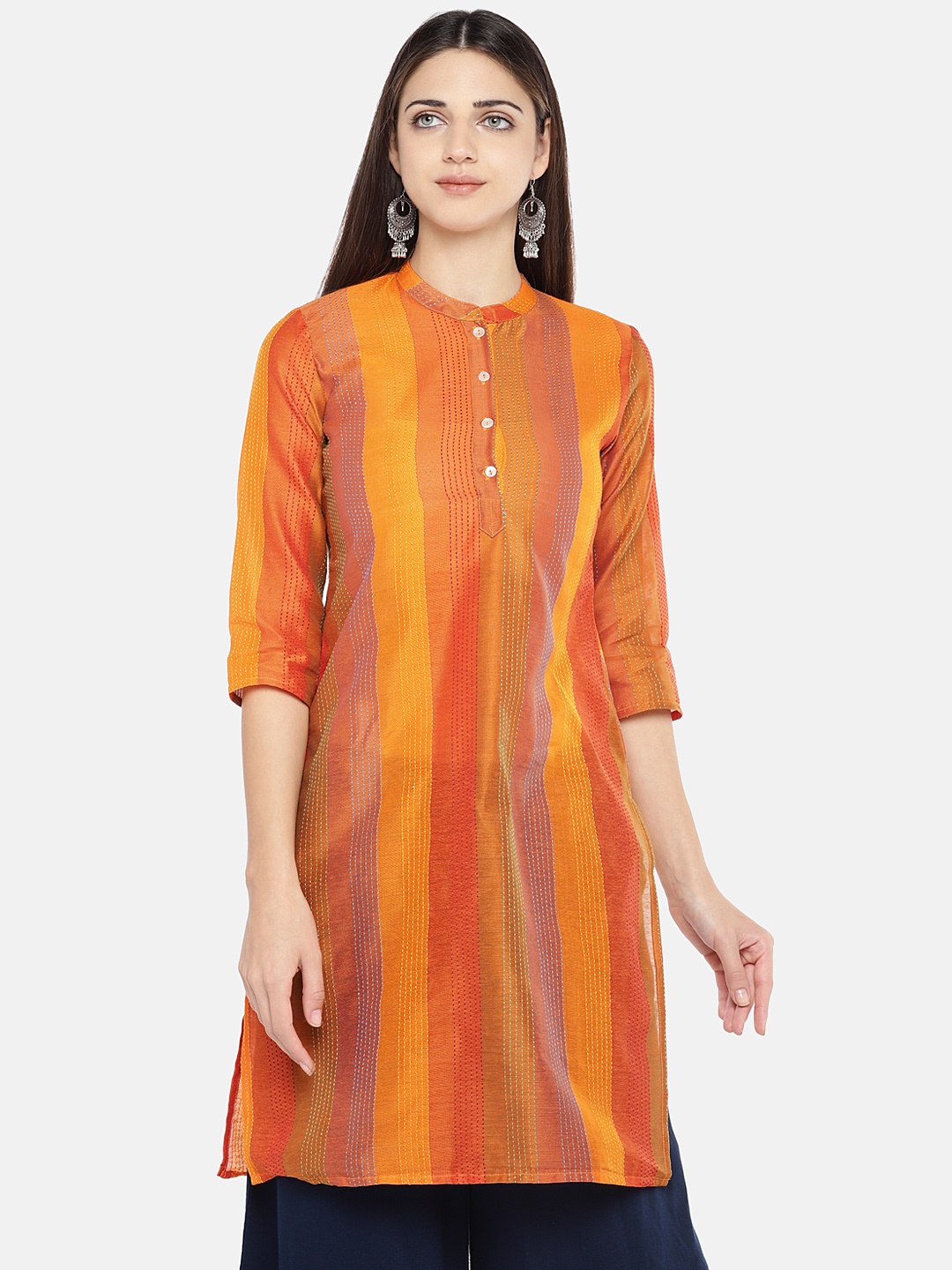 

Globus Women Orange & Pink Striped Straight Kurta