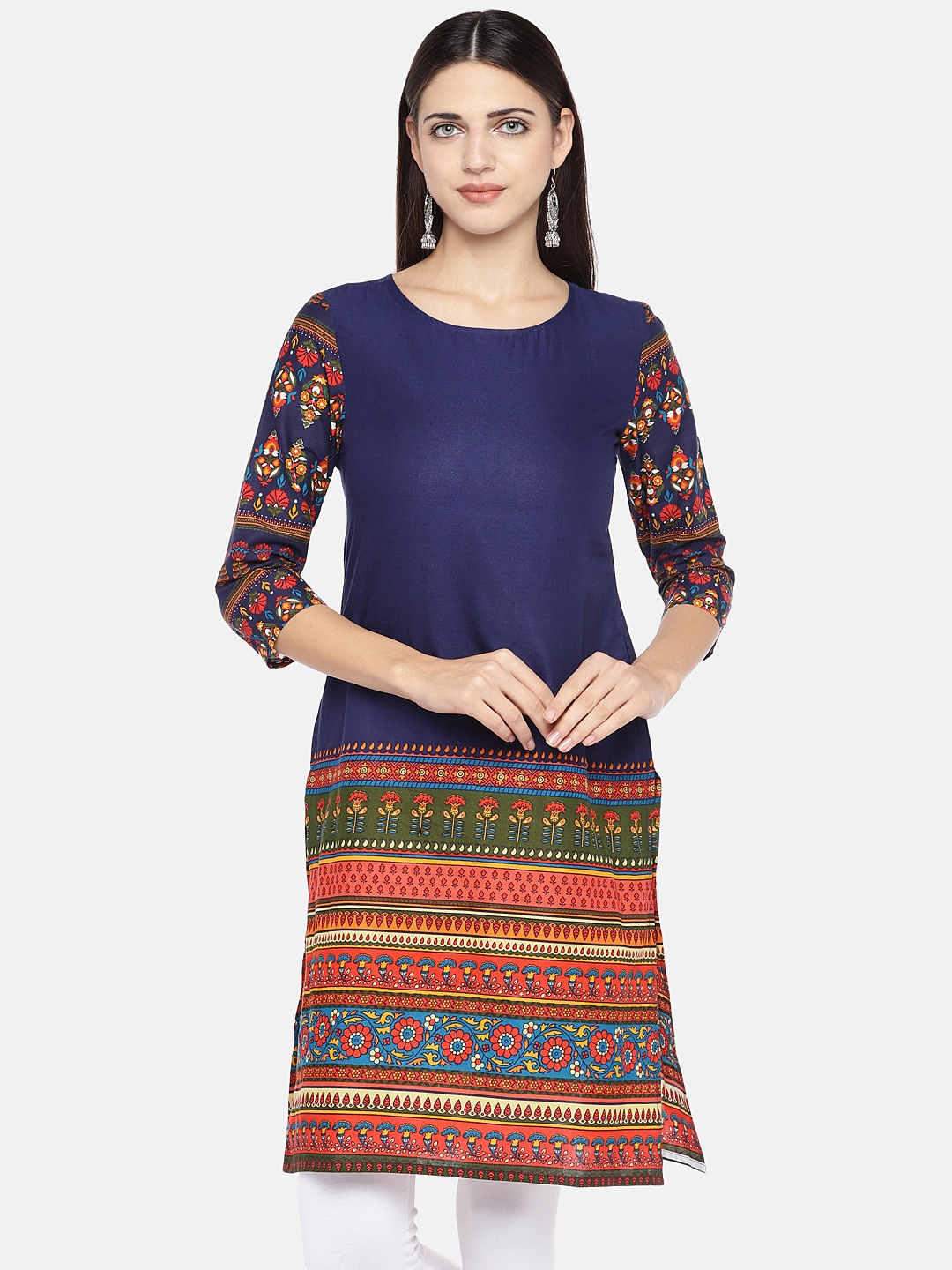 

Globus Women Navy Blue & Red Printed Straight Kurta