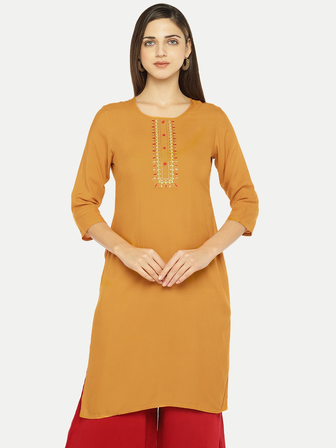 

Globus Women Yellow Yoke Design Straight Kurta