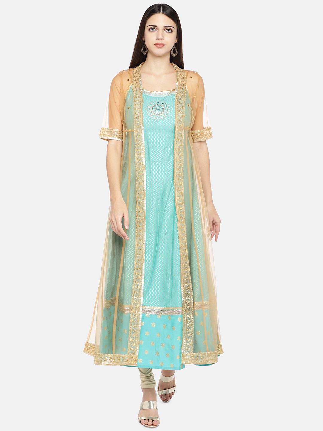 

Globus Women Turquoise Blue Printed Layered A-Line Kurta