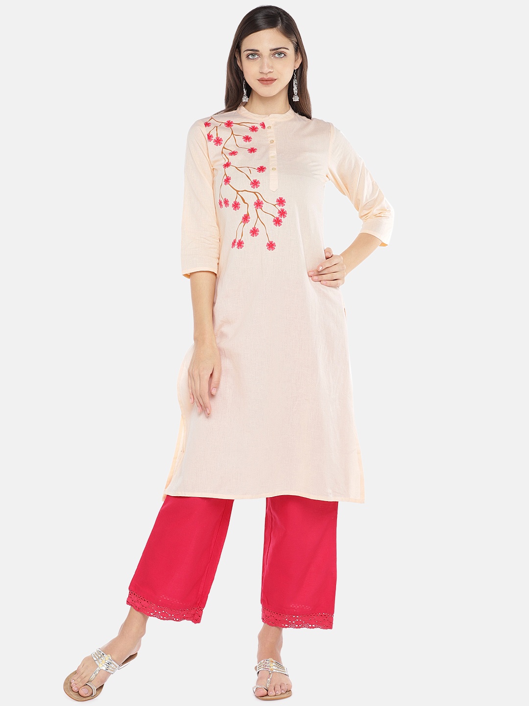 

Globus Women Beige & Pink Yoke Design Straight Kurta