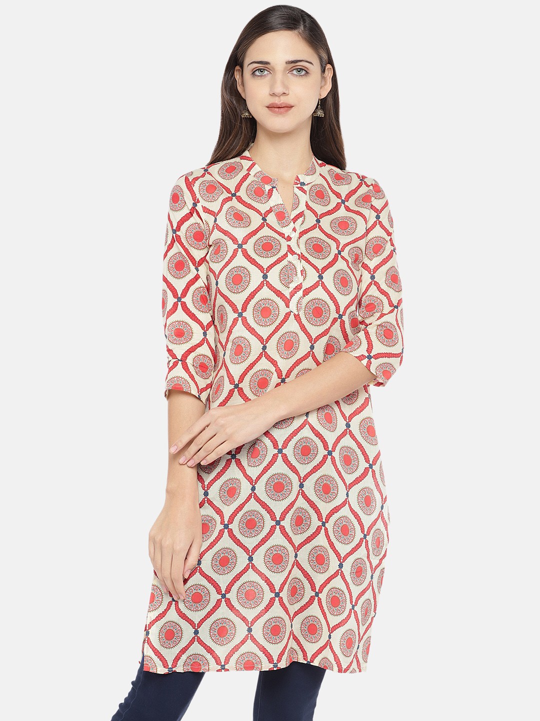 

Globus Women Cream-Coloured & Red Printed Straight Kurta