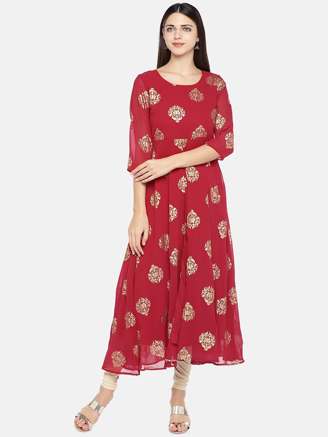 

Globus Women Maroon & Gold-Toned Printed A-Line Kurta