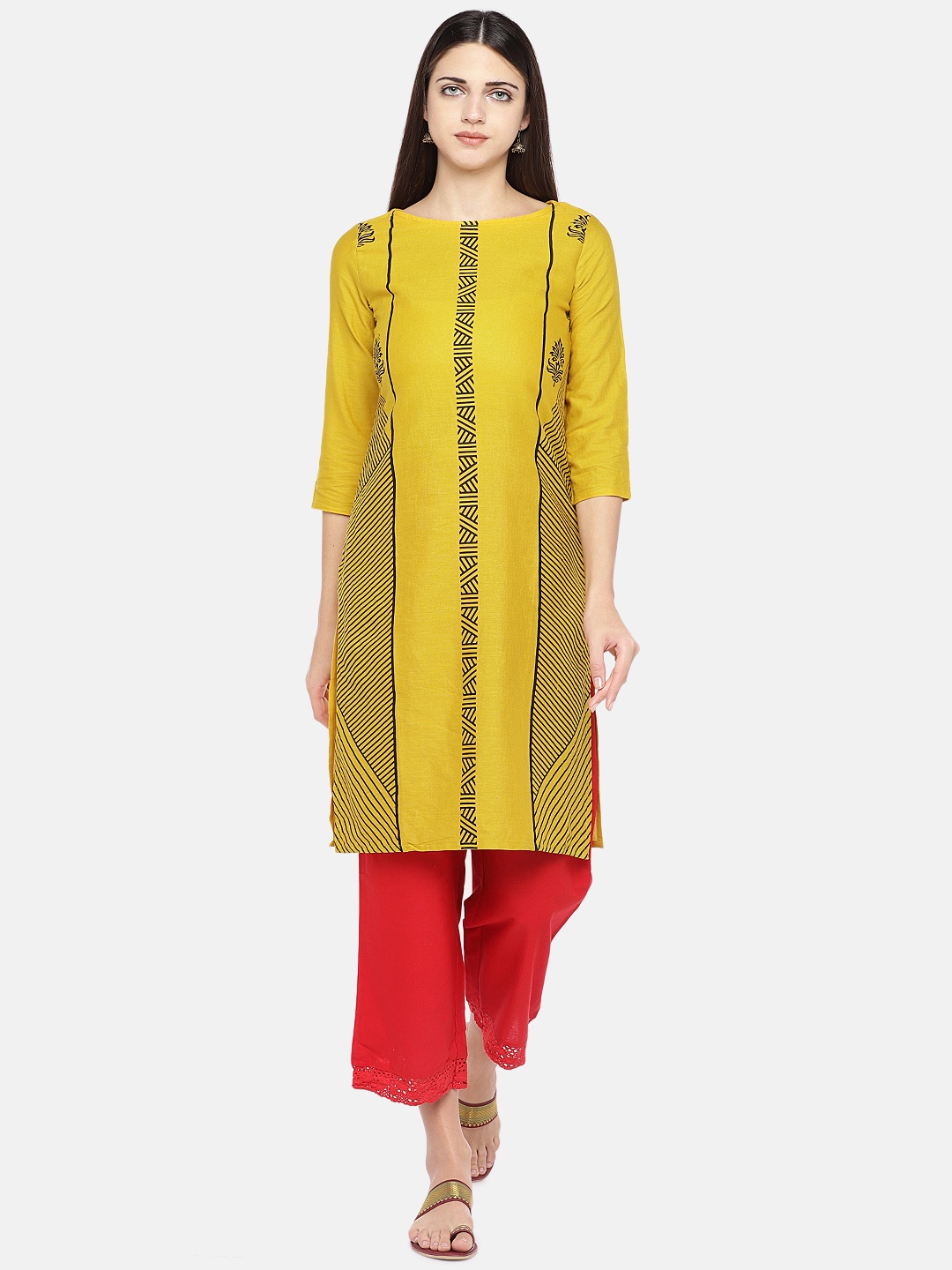 

Globus Women Yellow Printed Straight Kurta