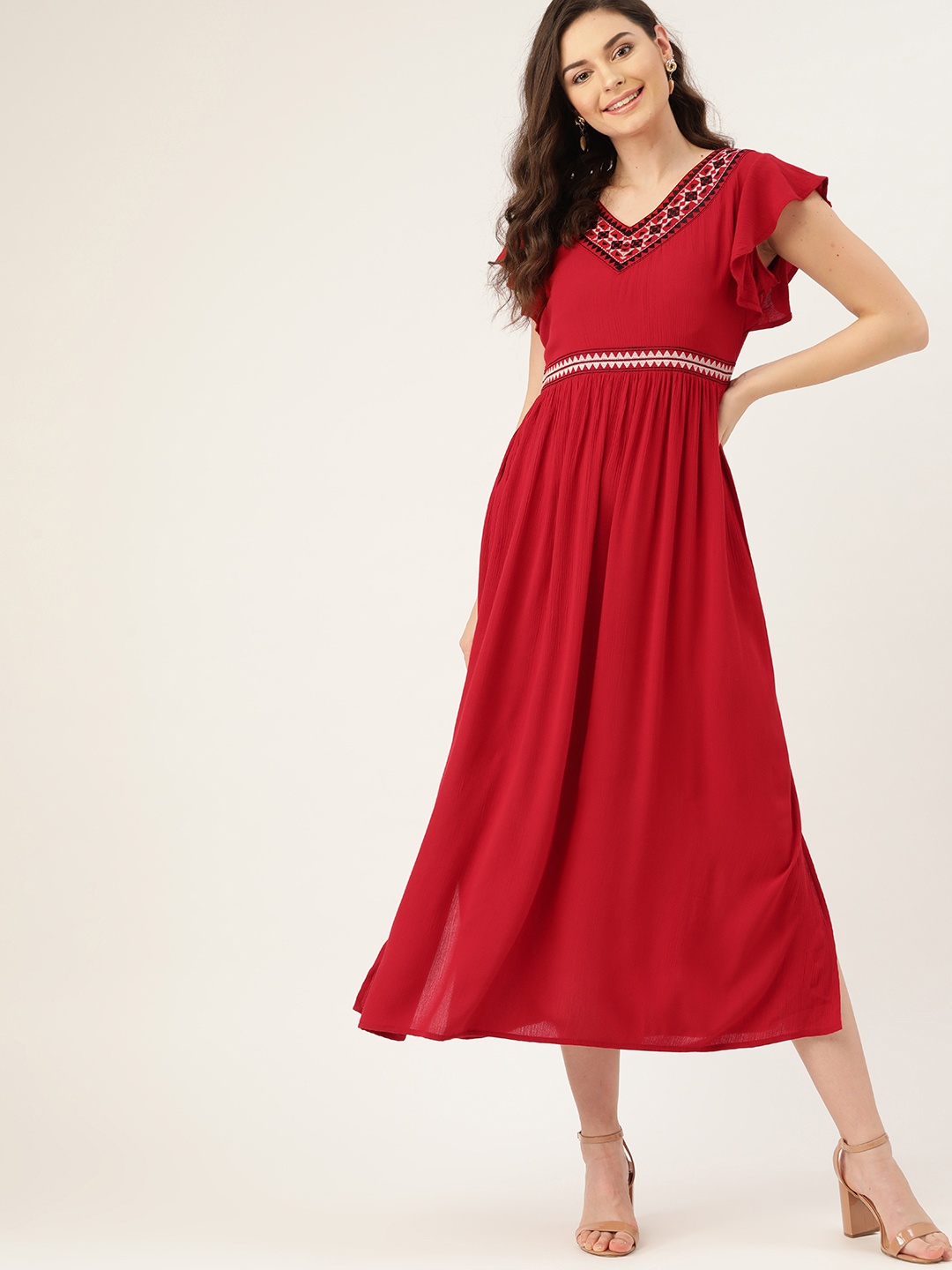 

DressBerry Red Embroidered Neck Maxi Dress