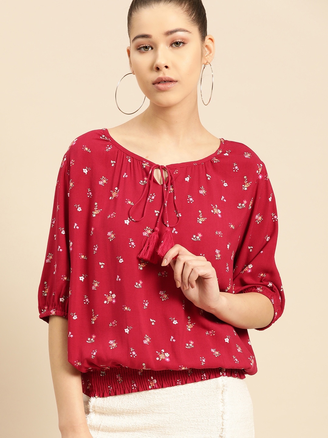 

DressBerry Women Red & Pink Printed Blouson Top
