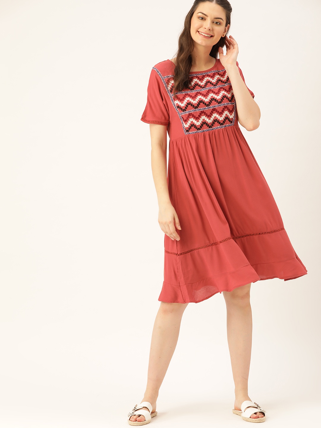 

DressBerry Women Rust Red Embroidered Detail Empire Dress
