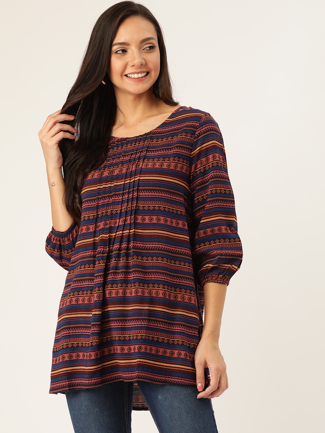 

DressBerry Women Navy Blue & Mauve Tribal Print Top