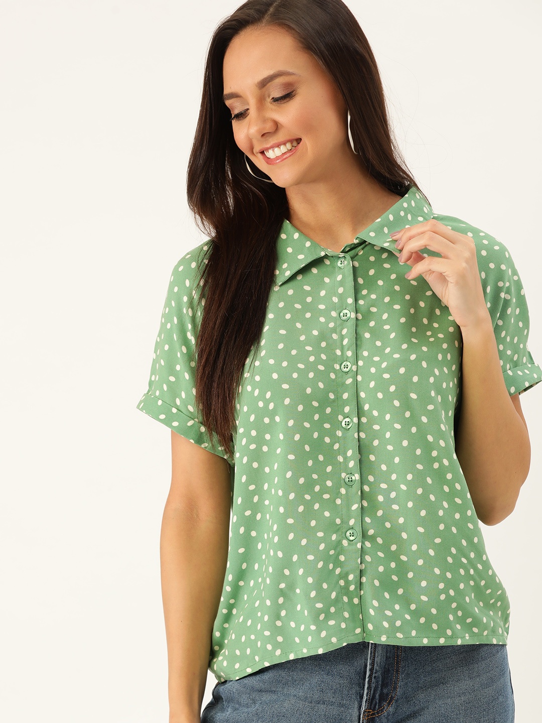 

DressBerry Women Green & Off-White Printed Casual Sustainable ECOVERO Shirt