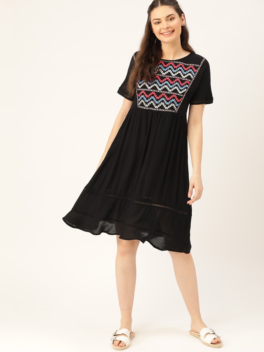 

DressBerry Black Embroidered Detail A-Line Dress