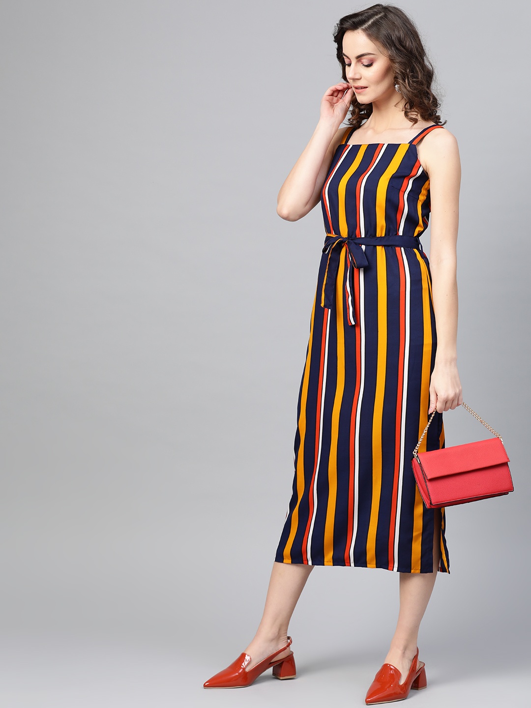 

SIRIKIT Women Navy Blue & Yellow Candy Striped A-Line Dress