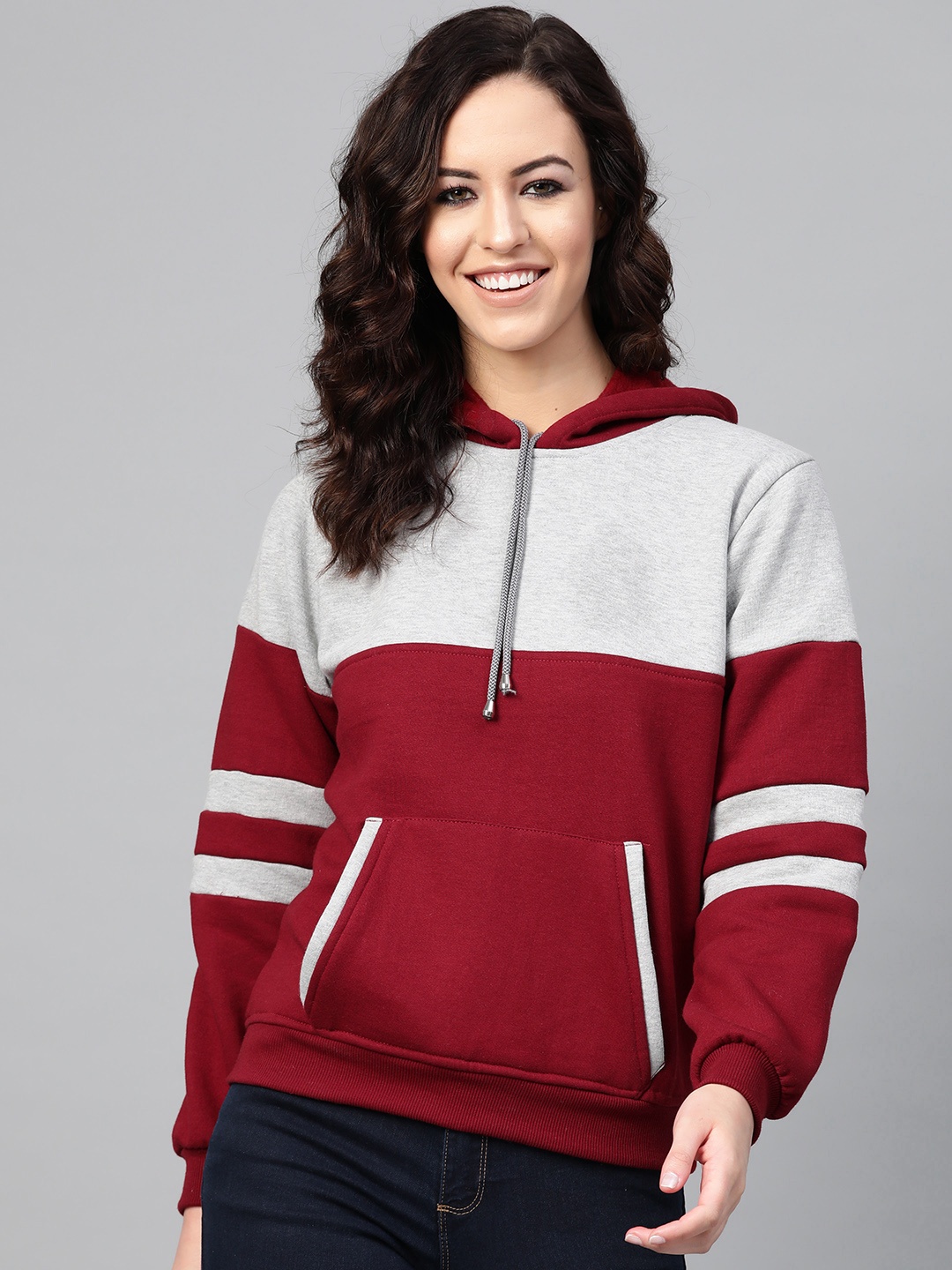 

VOXATI Women Maroon & Grey Melange Colourblocked Hooded Sweatshirt