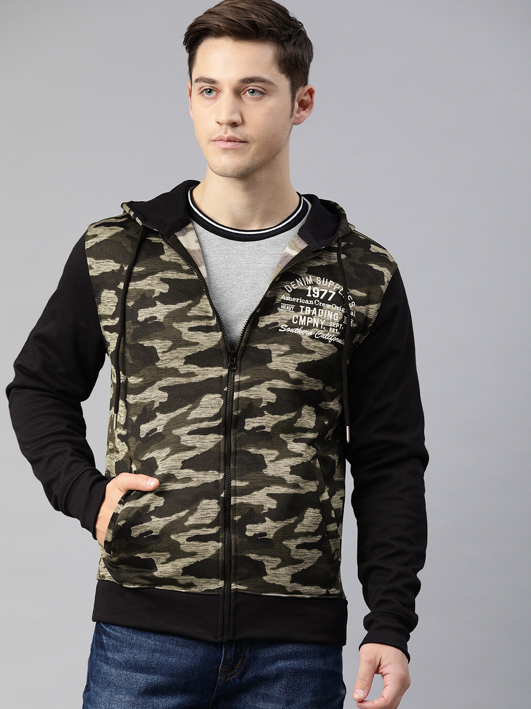 

American Crew Men Black & Olive Green Printed Hooded Sweatshirt