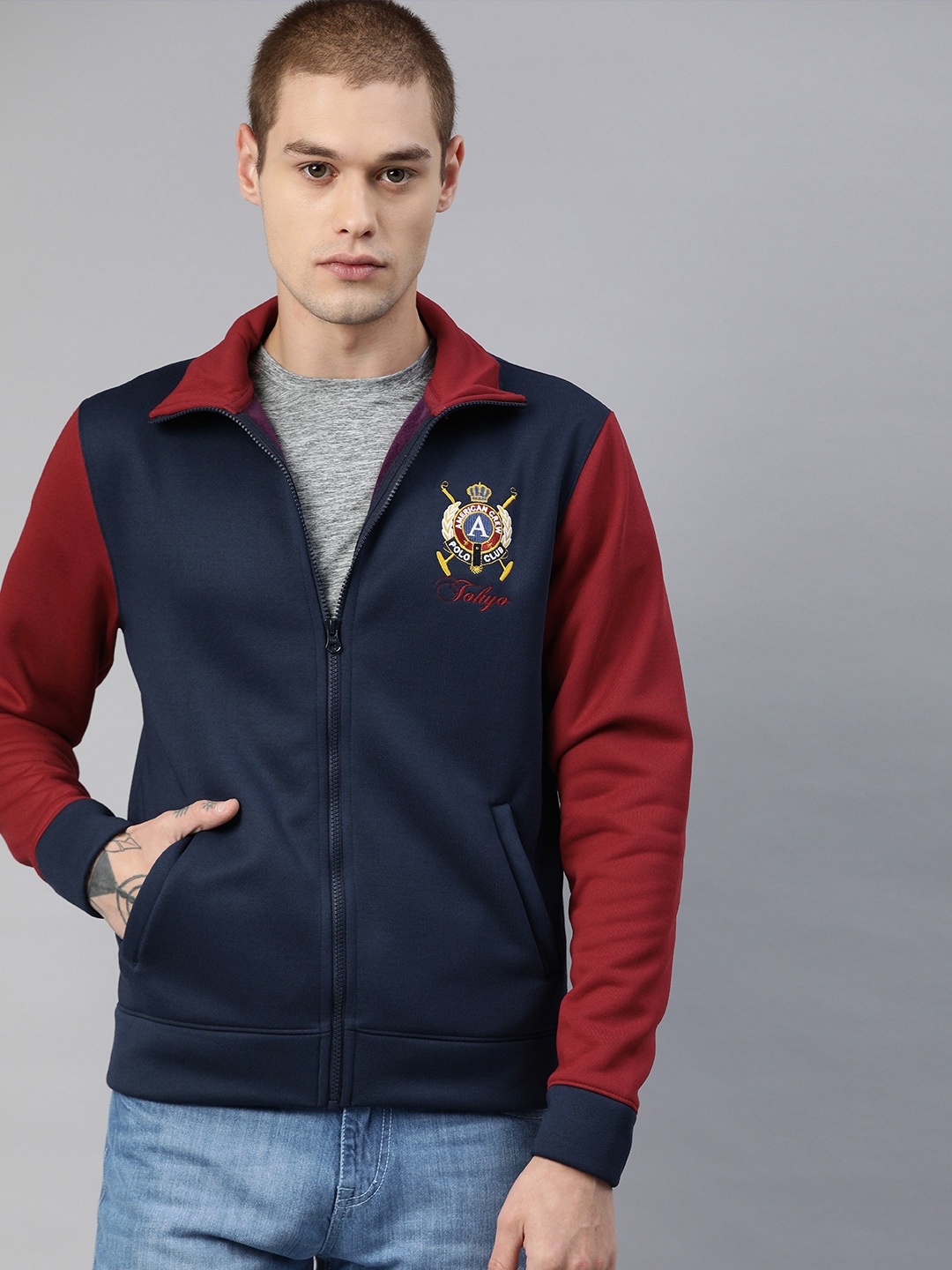 

American Crew Men Navy Blue & Maroon Solid Sweatshirt