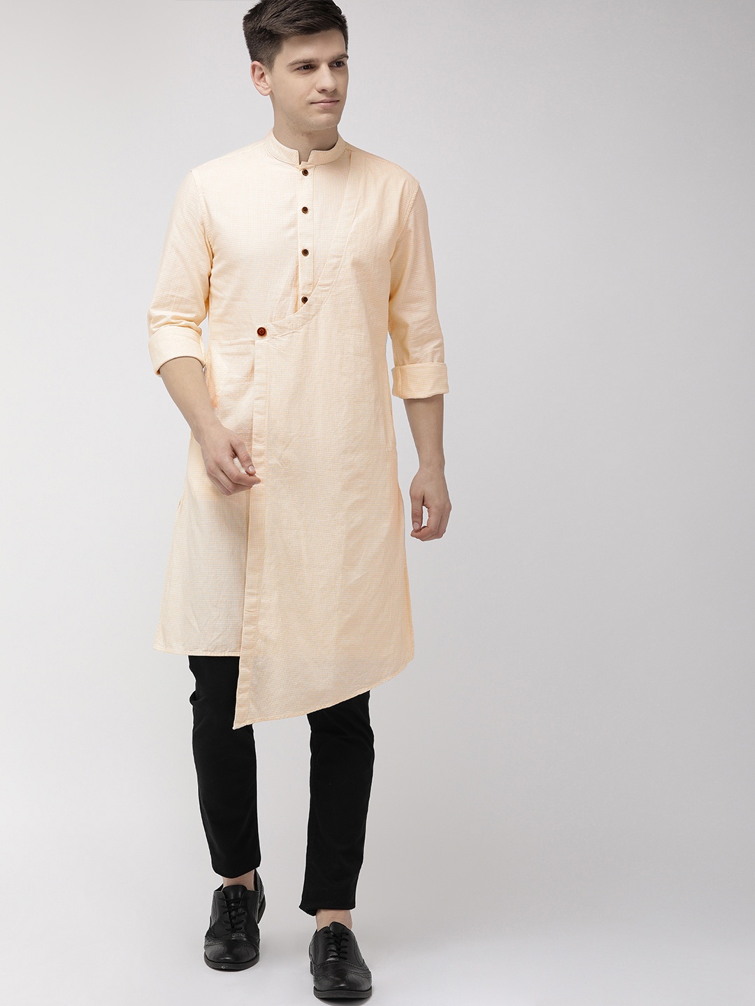 

The Indian Garage Co Men Yellow & White Checked Straight Asymmetric Kurta