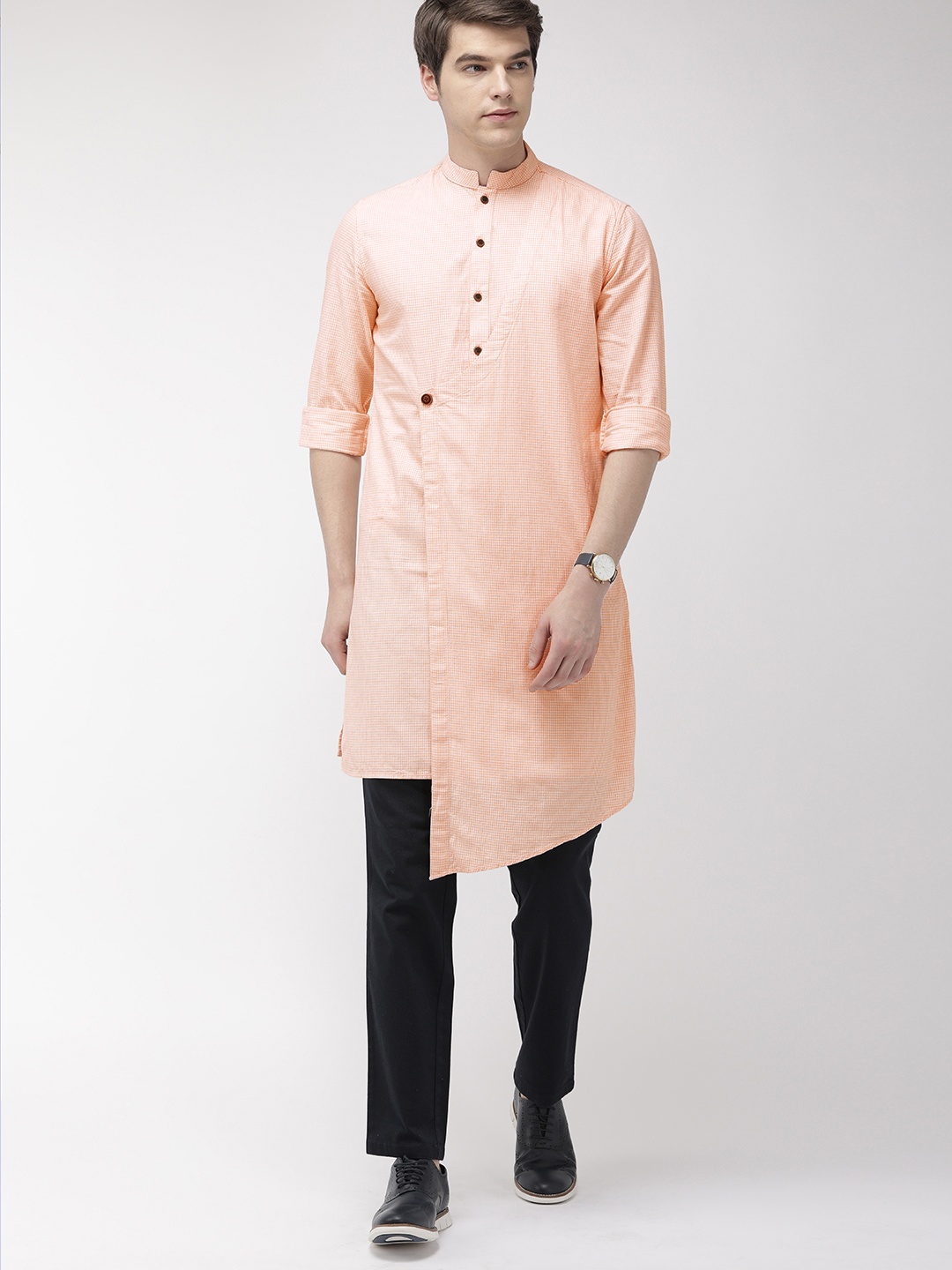 

The Indian Garage Co Men Orange Checked Asymmetric Hemline Straight Layered Fusion Kurta