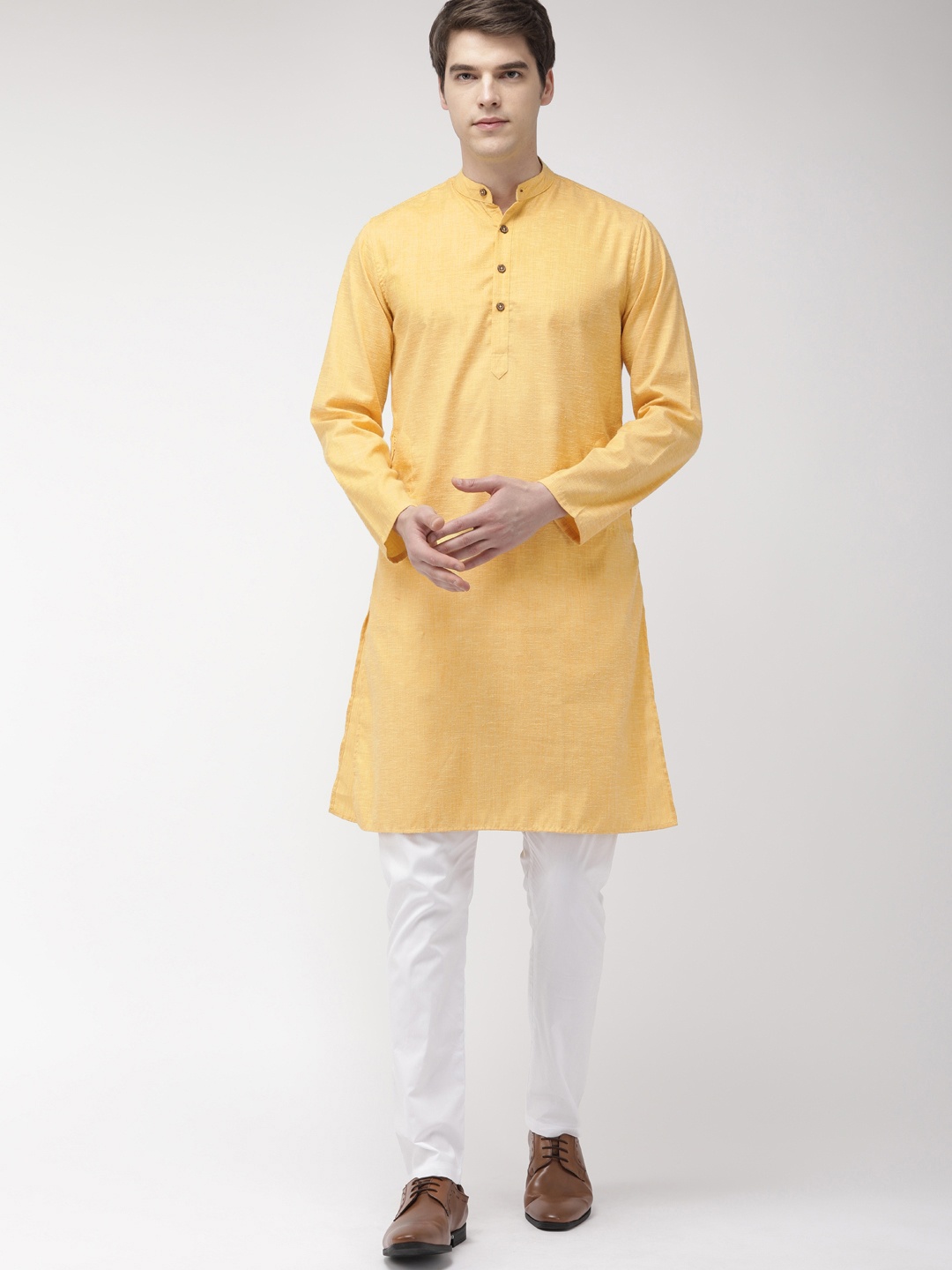 

The Indian Garage Co Men Yellow & White Solid Kurta with Pyjamas