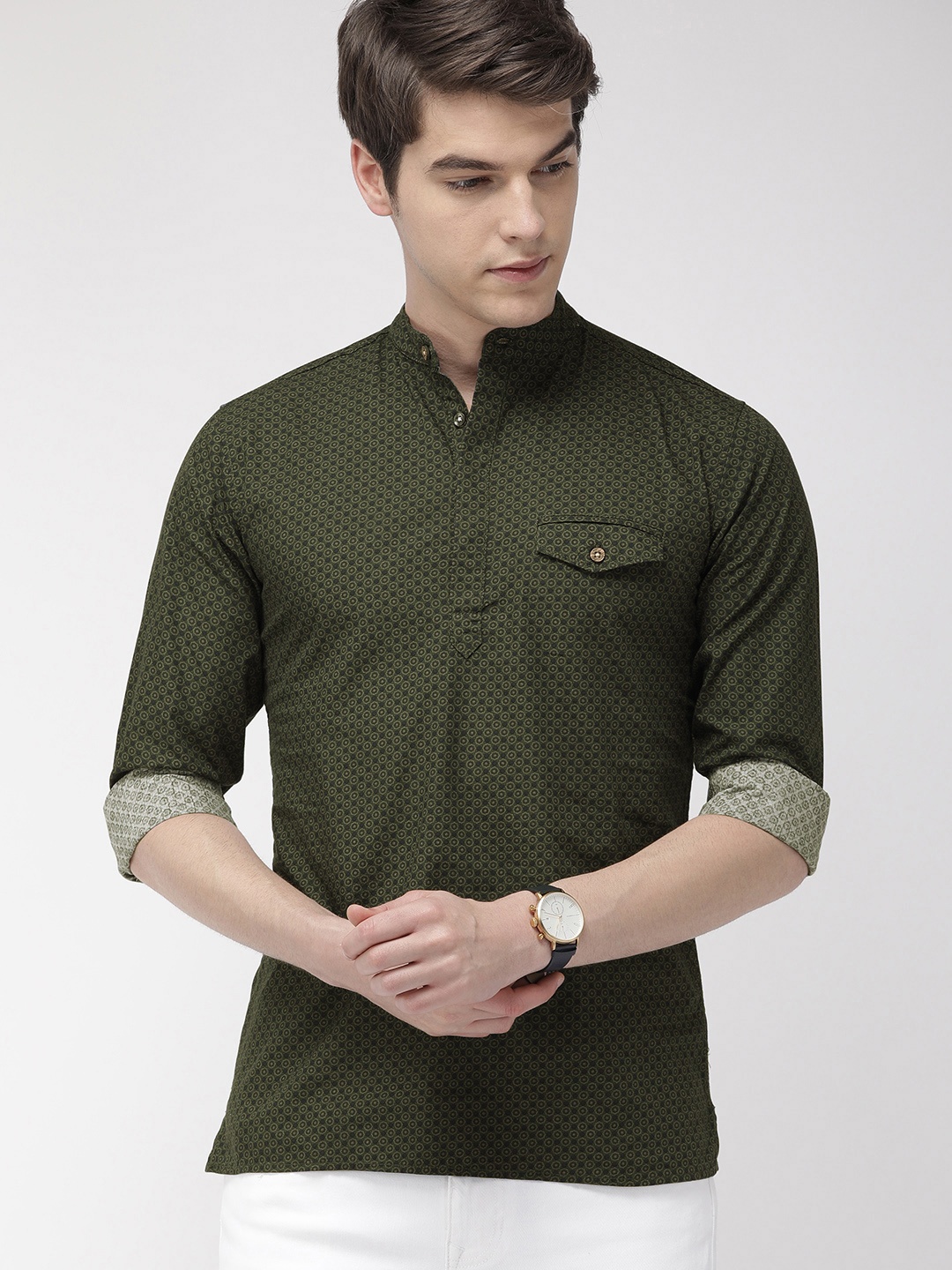 

The Indian Garage Co Men Olive Green Printed Straight Kurta