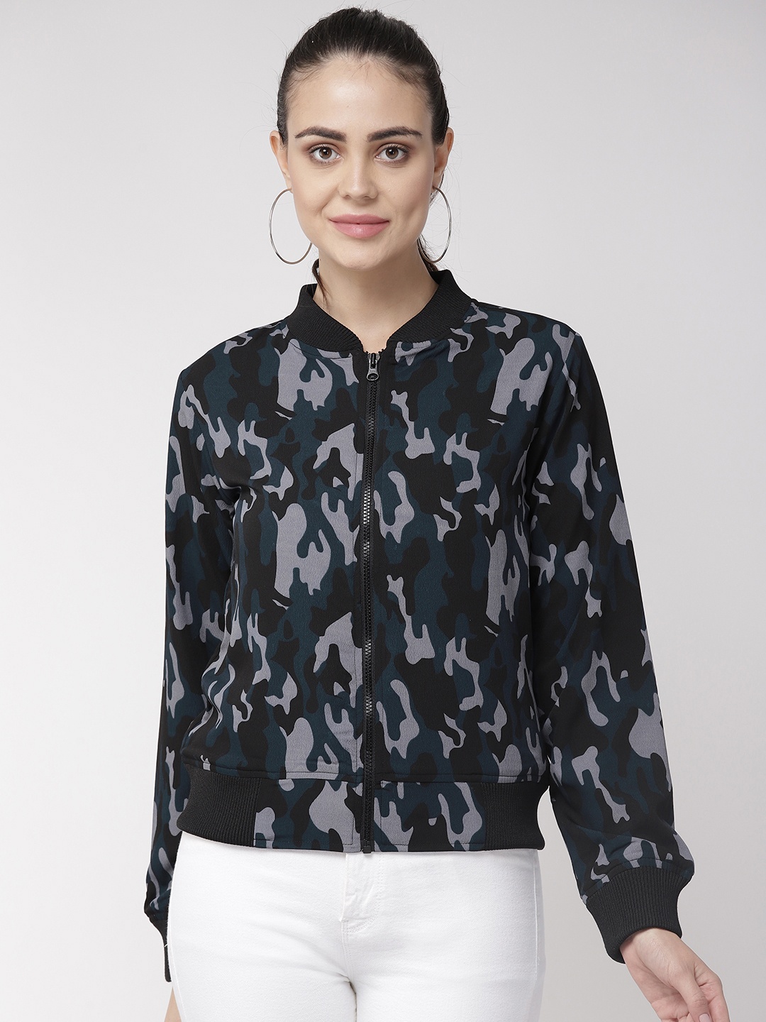 

plusS Women Teal Blue & Grey Camouflage Print Bomber
