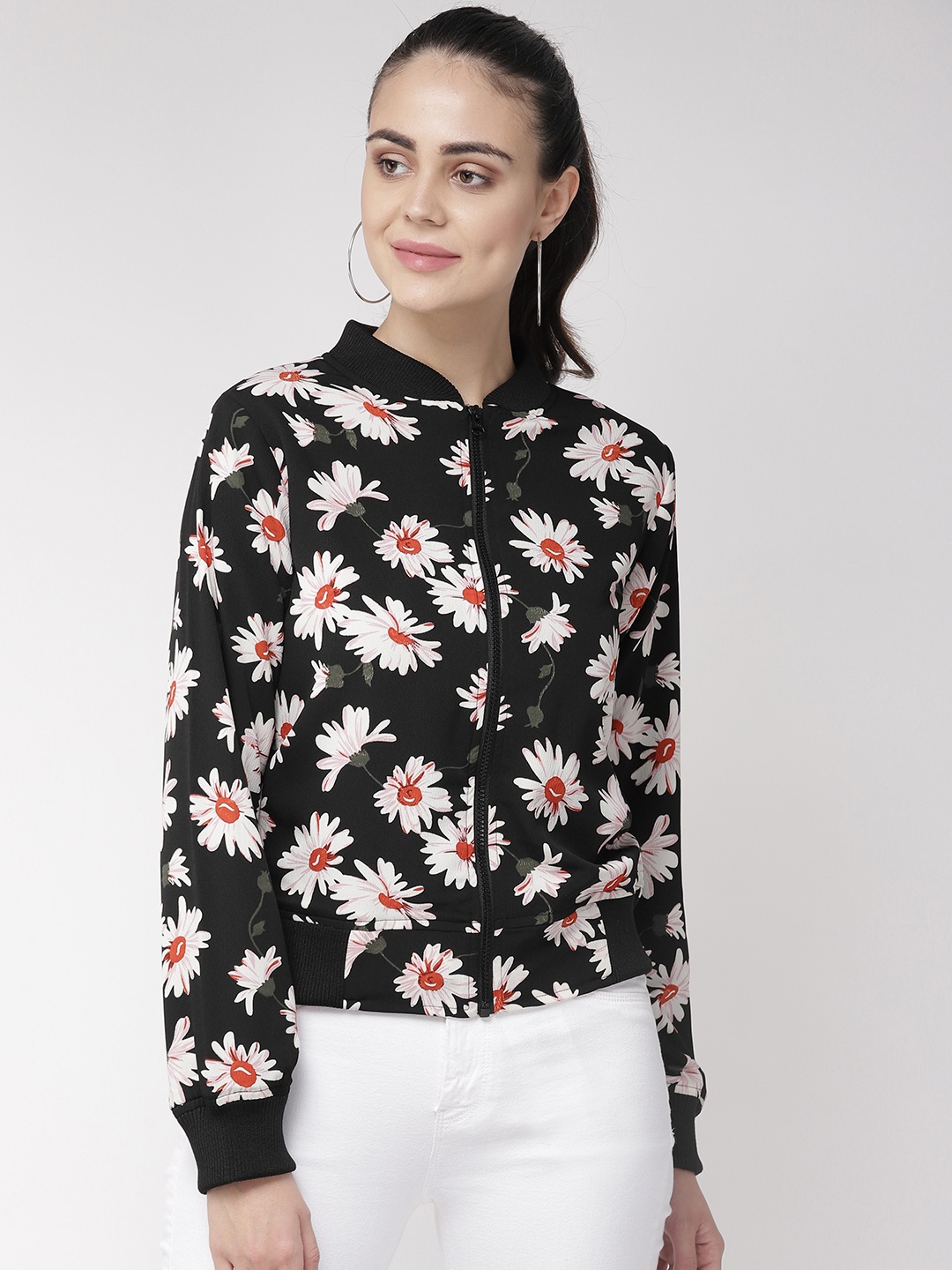 

plusS Women Black & White Floral Print Bomber