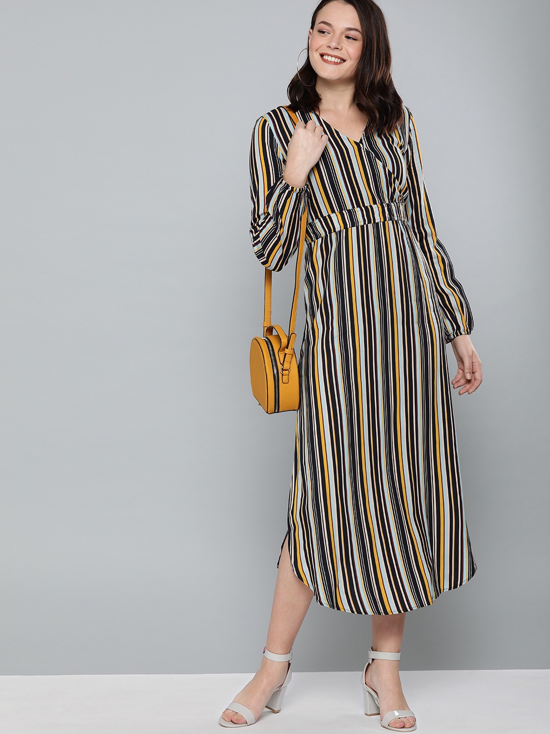 

Mast & Harbour Women Black & Mustard Yellow Striped Wrap Dress