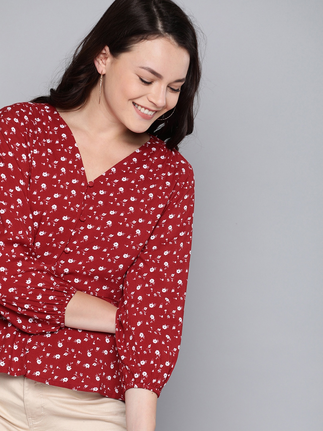 

Mast & Harbour Women Red & White Printed Shirt Style Sustainable Top