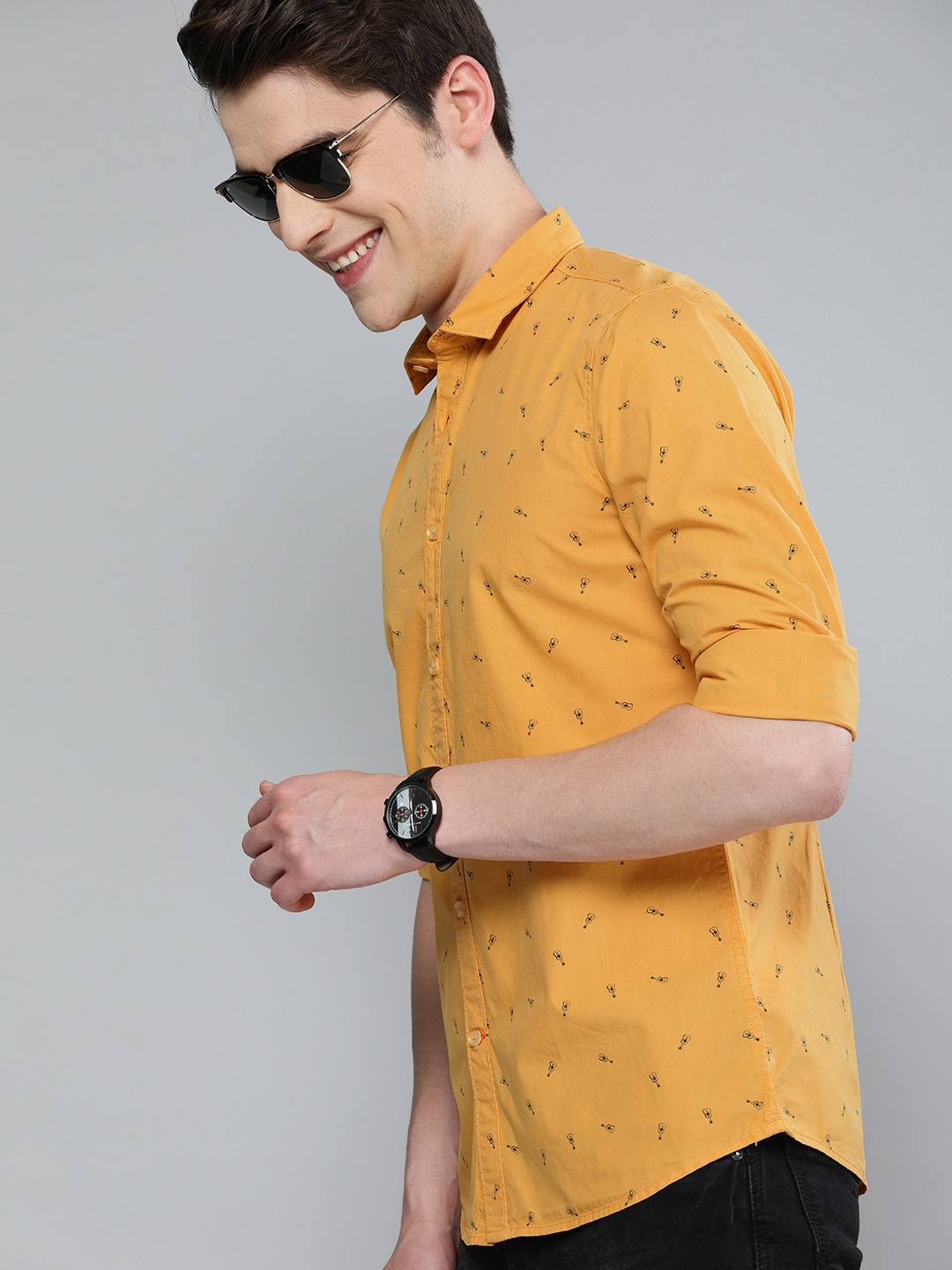 

Mast & Harbour Men Mustard Yellow & Black Printed Pure Cotton Casual Sustainable Shirt