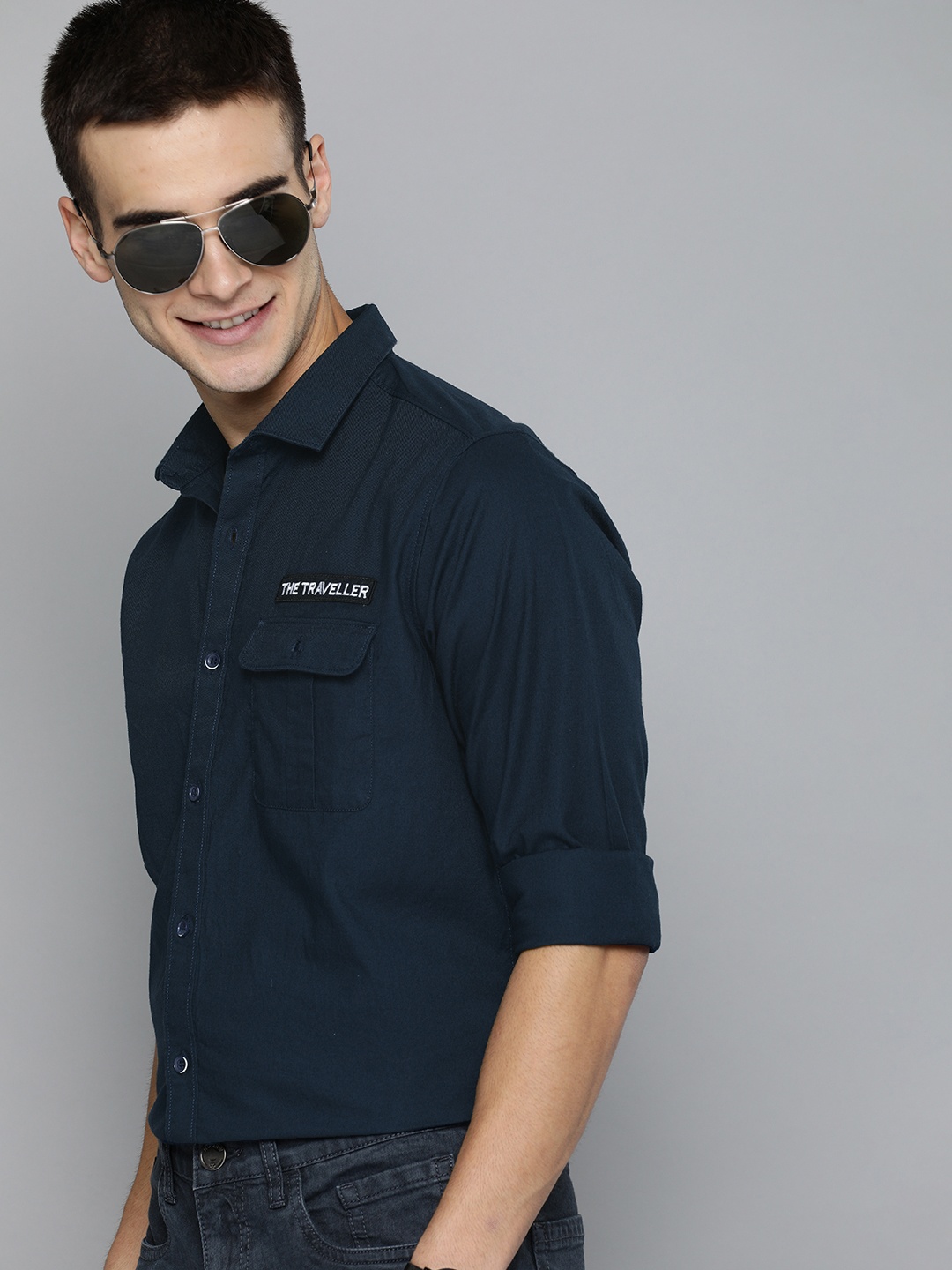 

Mast & Harbour Men Navy Blue Regular Fit Solid Casual Shirt With Applique Detailing