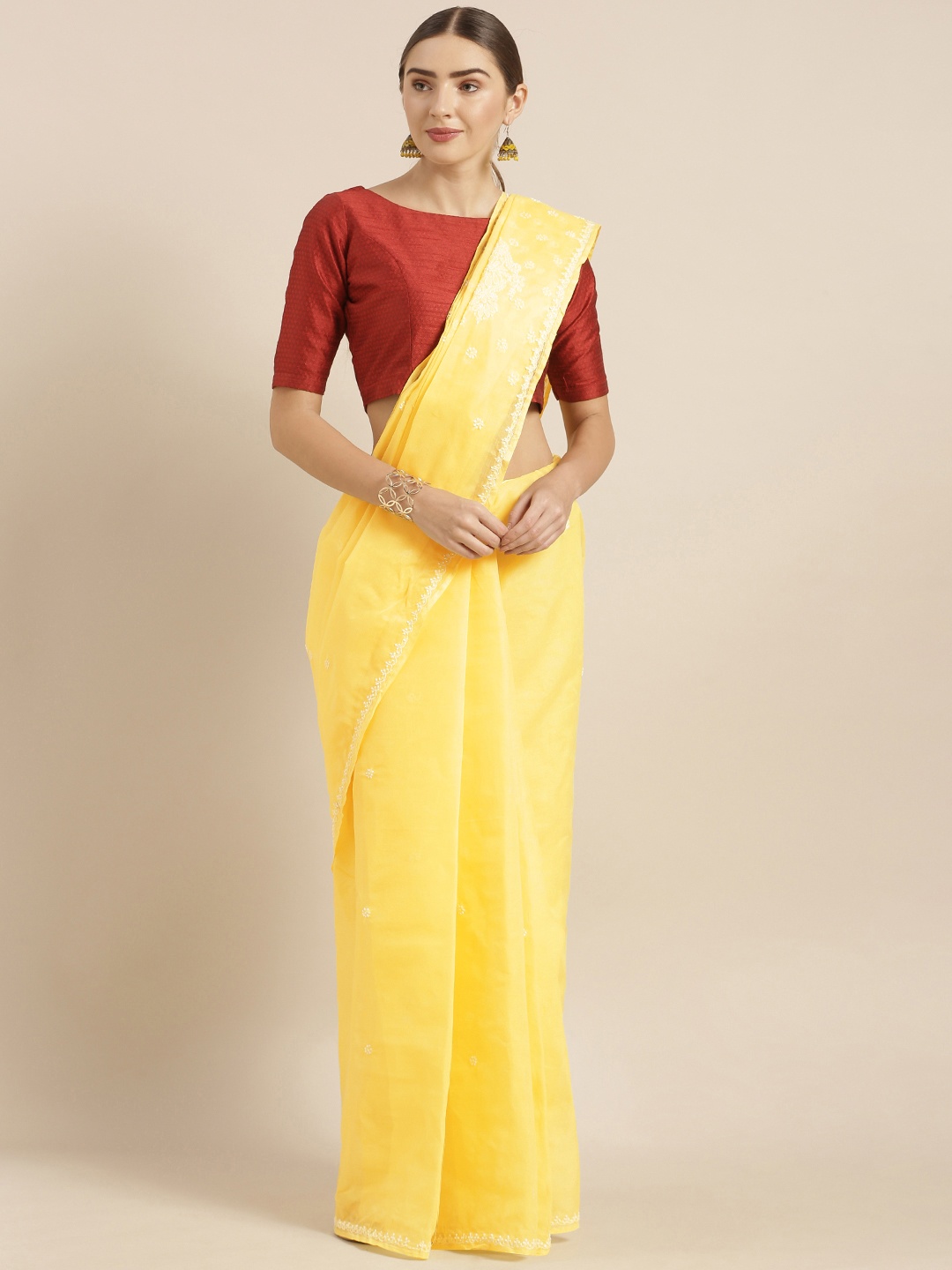 

ADA Yellow Pure Cotton Handloom Chikanakri Embroidered Sustainable Handloom Saree