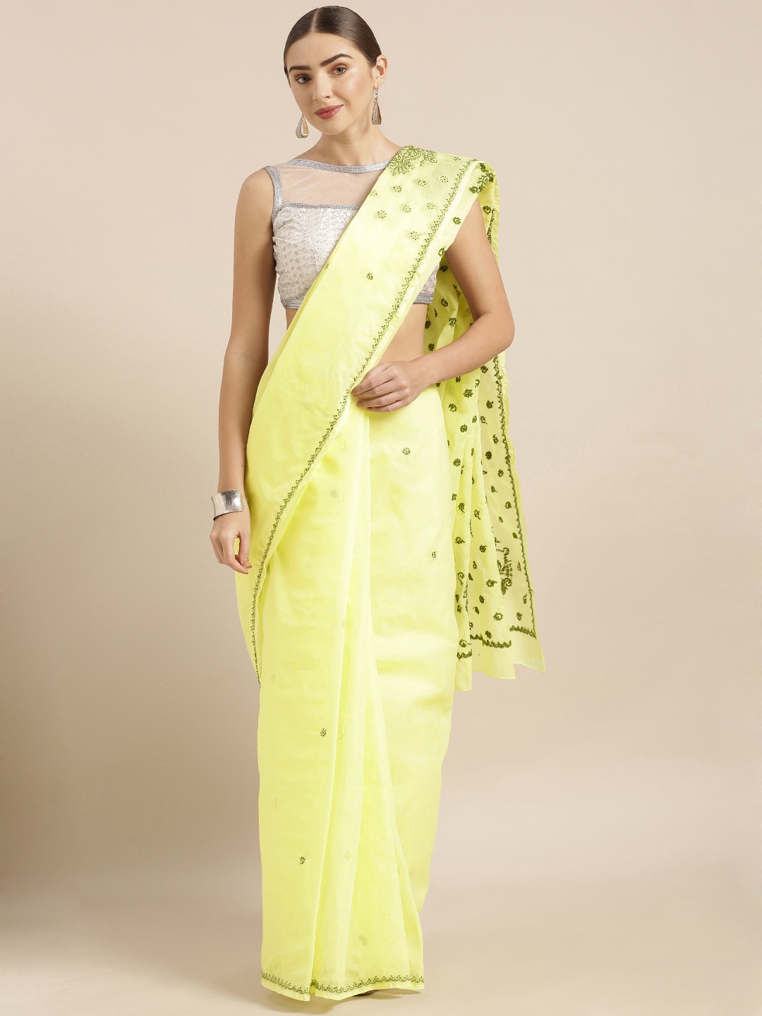 

ADA Yellow & Green Pure Cotton Handloom Embroidered Lucknow Chikankari Sustainable Saree