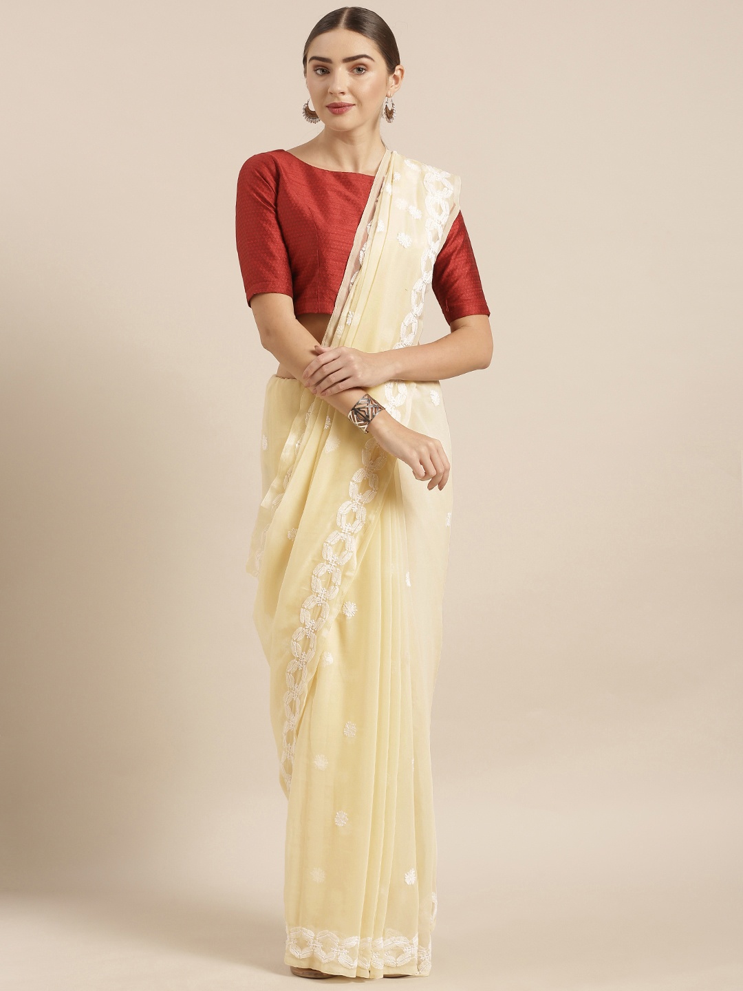 

ADA Beige Embroidered Poly Georgette Sustainable Handloom Saree