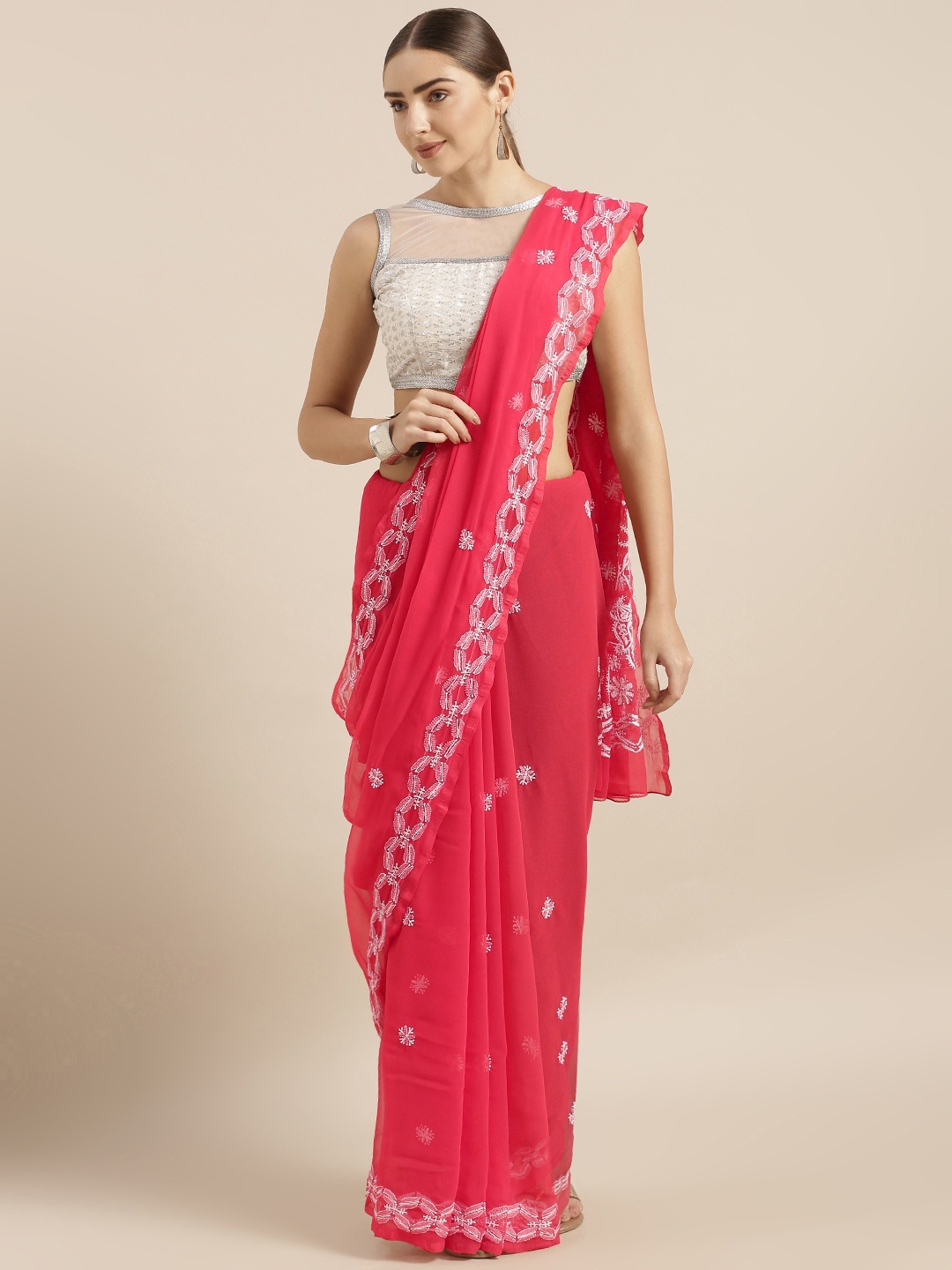 

ADA Pink & White Poly Georgette Lucknowi Chikankari Embroidered Sustainable Handloom Saree