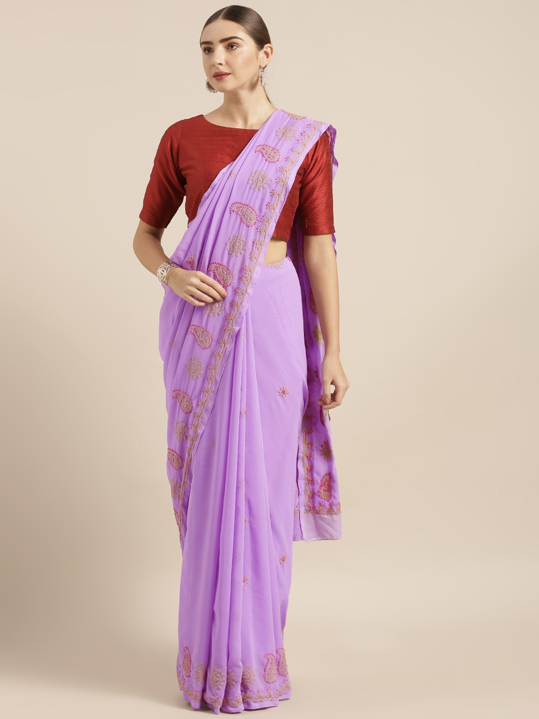 

ADA Purple & Beige Poly Georgette Embroidered Chikankari Sustainable Handloom Saree