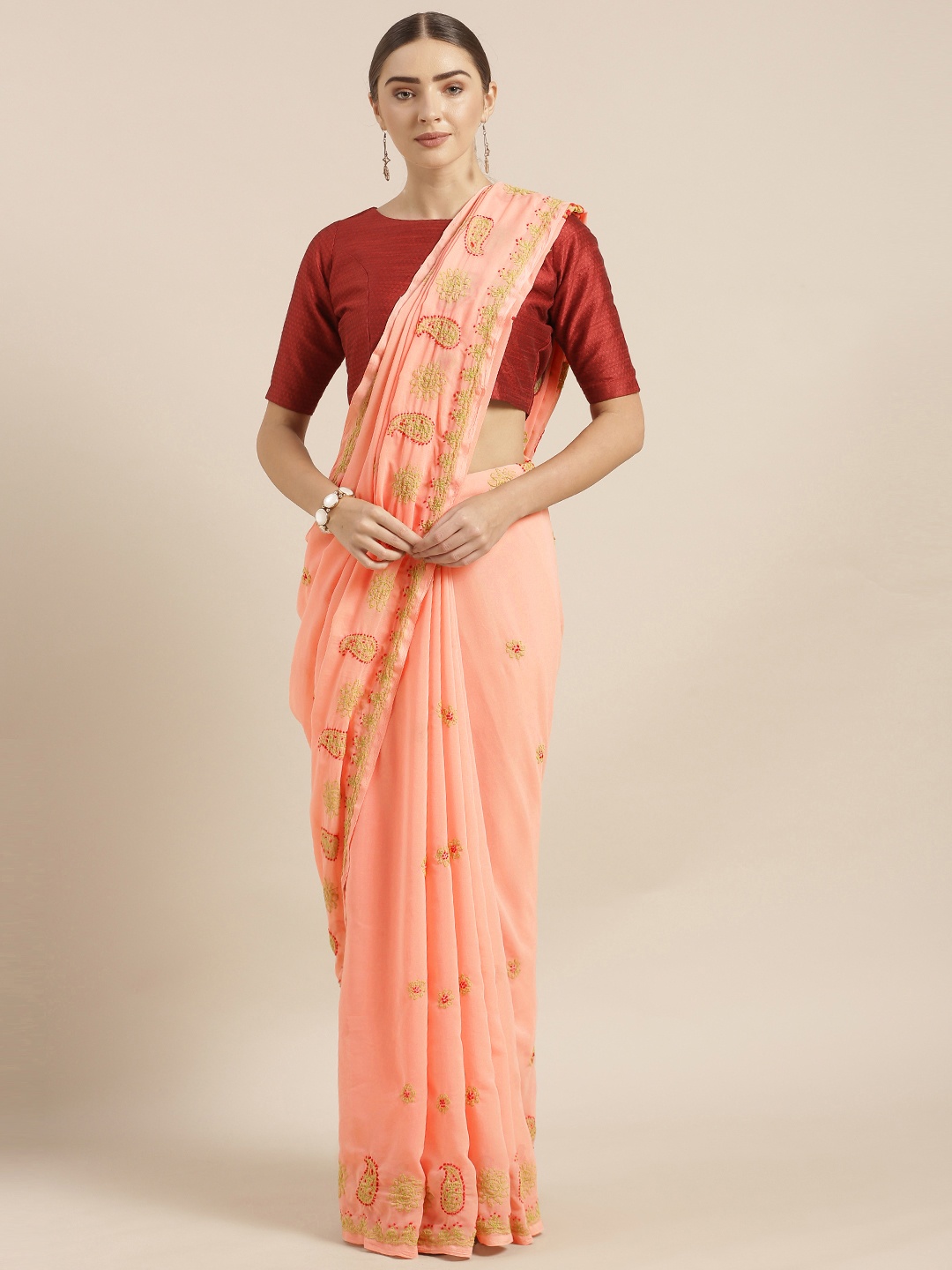 

ADA Peach-Coloured & Green Poly Georgette Lucknowi Chikankari Embroidered Sustainable Handloom Saree