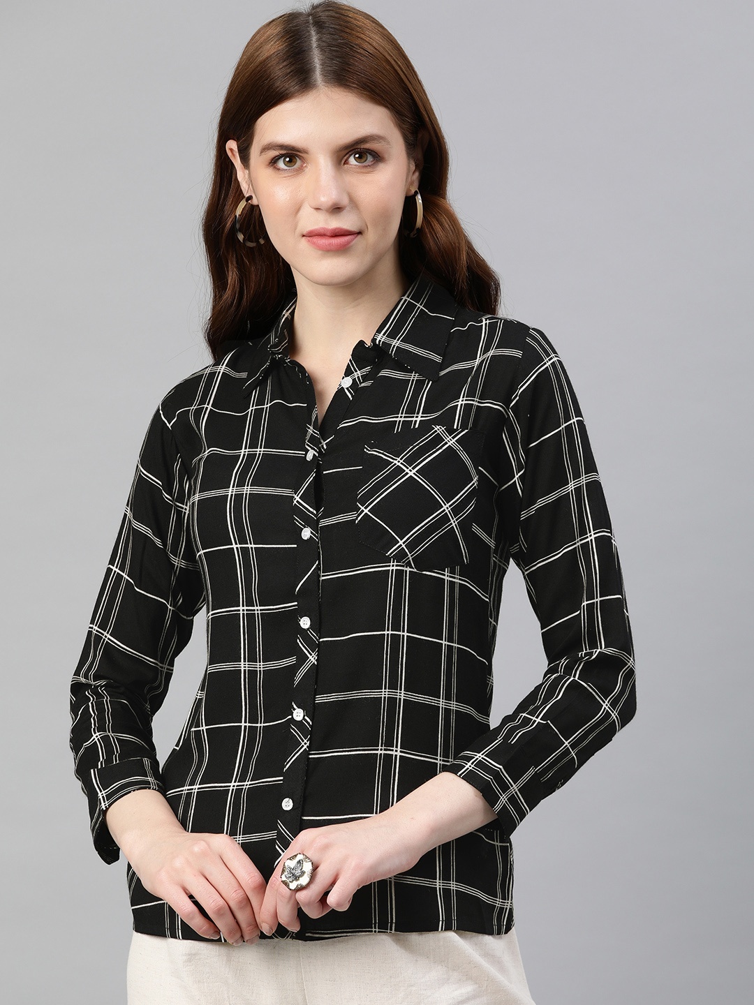 

YASH GALLERY Women Black & White Regular Fit Checked Casual Shirt